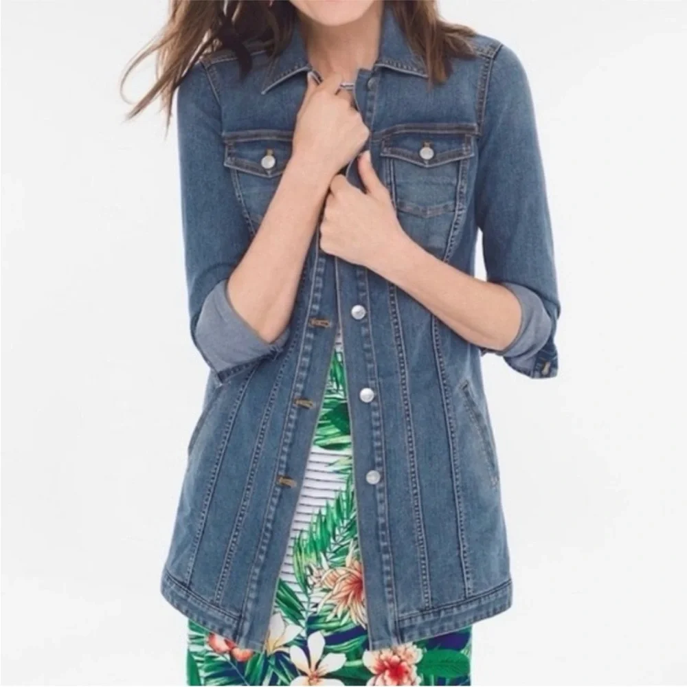 Chico's | Women’s Medium Blue Denim Long Line Button Front Jean Jacket Sz 12-14 - Picture 2 of 15